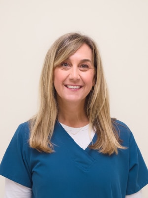 a woman in a blue shirt